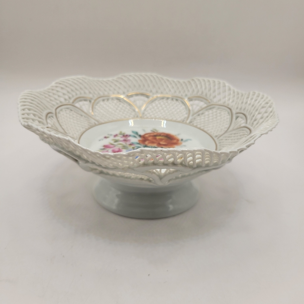 Unique Vintage Ajka Hungary Round Lattice Porcelain Dish Hand Painted Floral